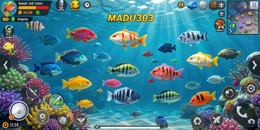 Screenshot MADU303 menampilkan keseruan gameplay Tembak Ikan.