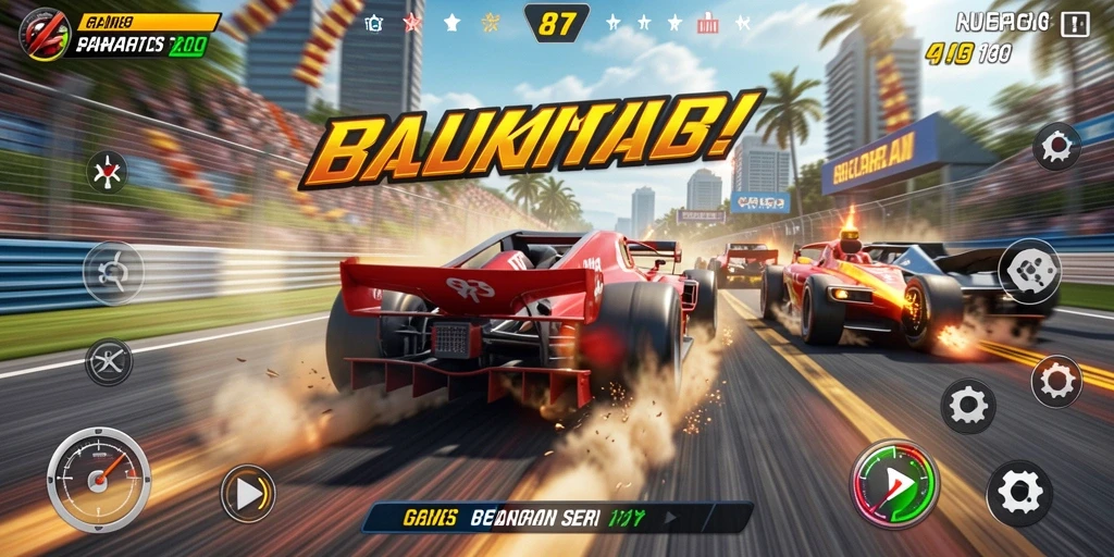 Screenshot gameplay RR89 menampilkan aksi balapan yang mendebarkan di trek yang beragam.